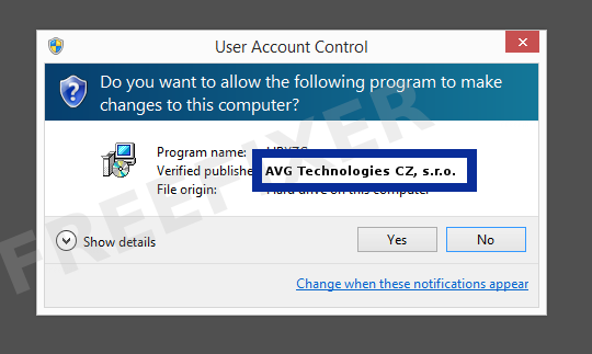 Screenshot where AVG Technologies CZ, s.r.o. appears as the verified publisher in the UAC dialog